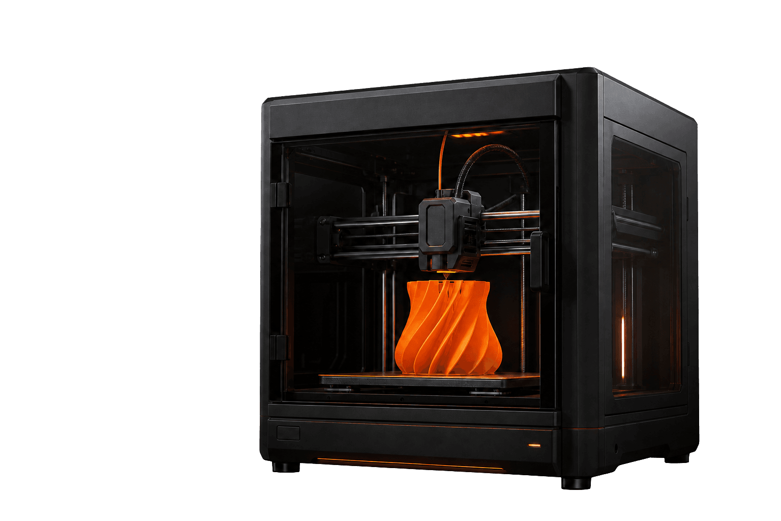 Stampante 3D professionale mentre realizza un oggetto arancione